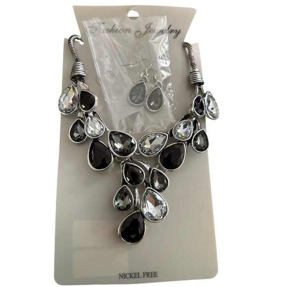 Teardrop Crystal Statement Necklace & Earring Set Nickel Free Silver Black Clear - Picture 5 of 5
